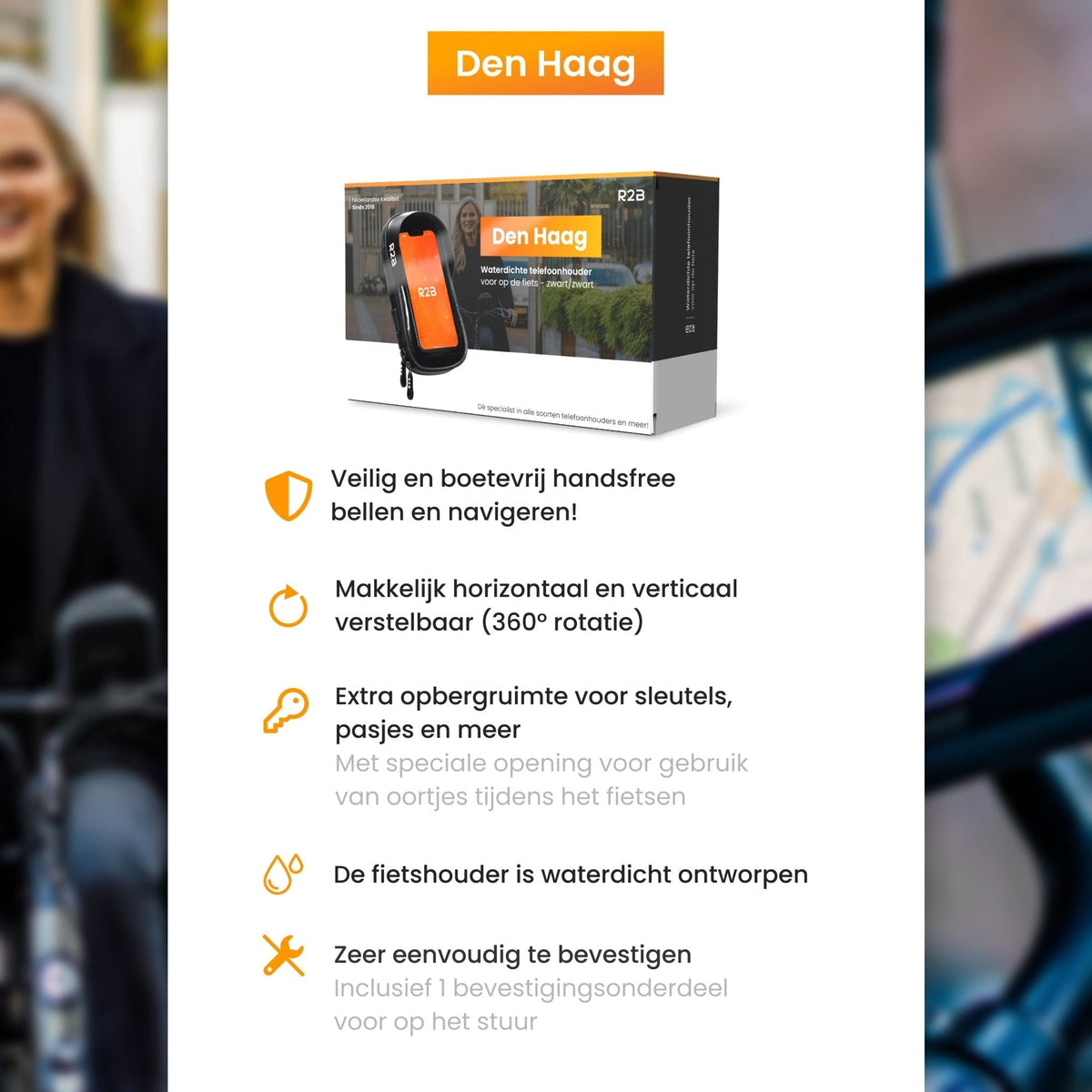R2B Fiets Telefoonhouder, voor scooter en motor waterdicht - Model Den Haag - Zwart - Novafietsen.nl