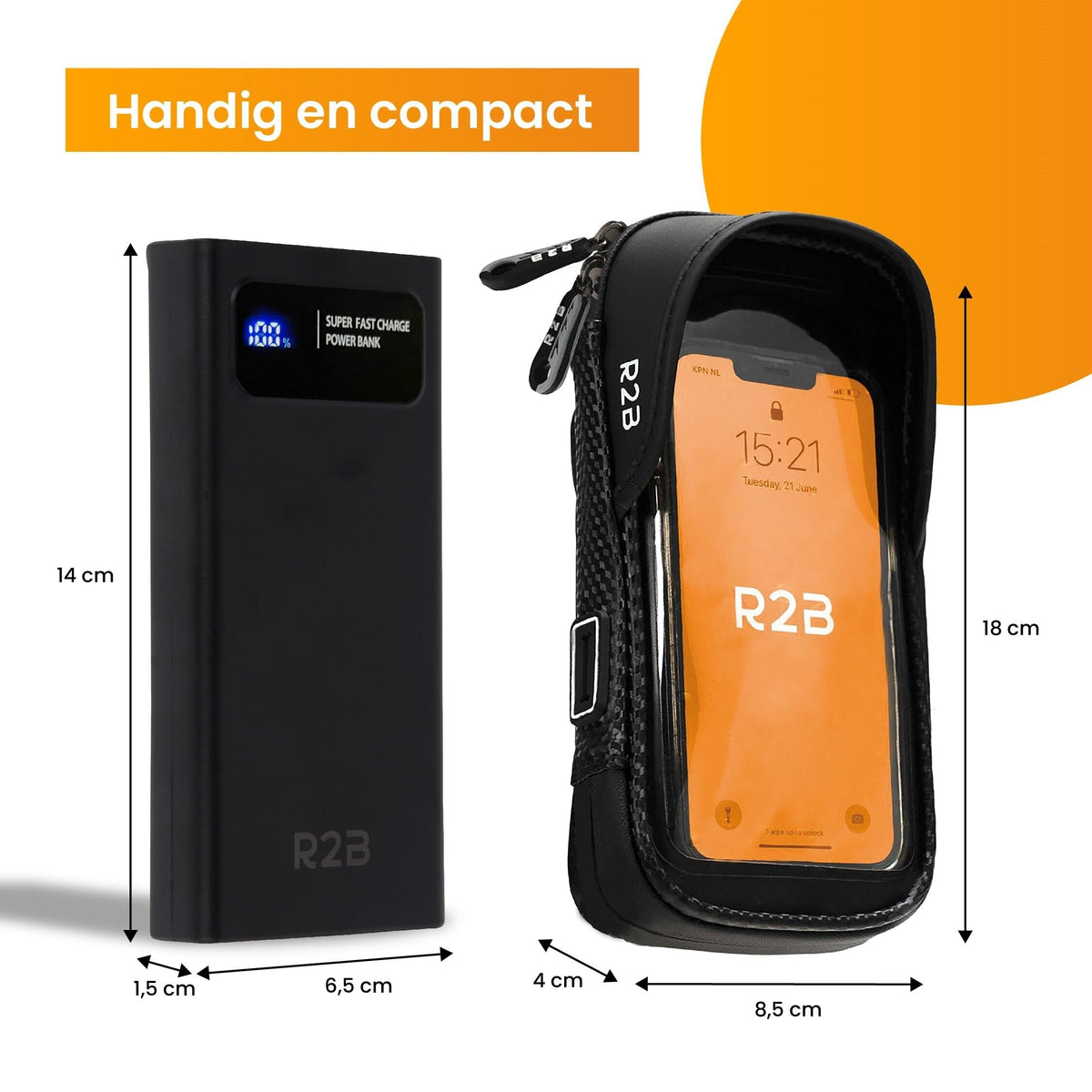 R2B® Robuuste Telefoonhouder Fiets Waterdicht + Powerbank 10.000 mAh - Model Leiden - Novafietsen.nl