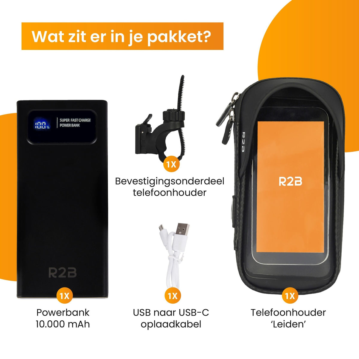 R2B® Robuuste Telefoonhouder Fiets Waterdicht + Powerbank 10.000 mAh - Model Leiden - Novafietsen.nl