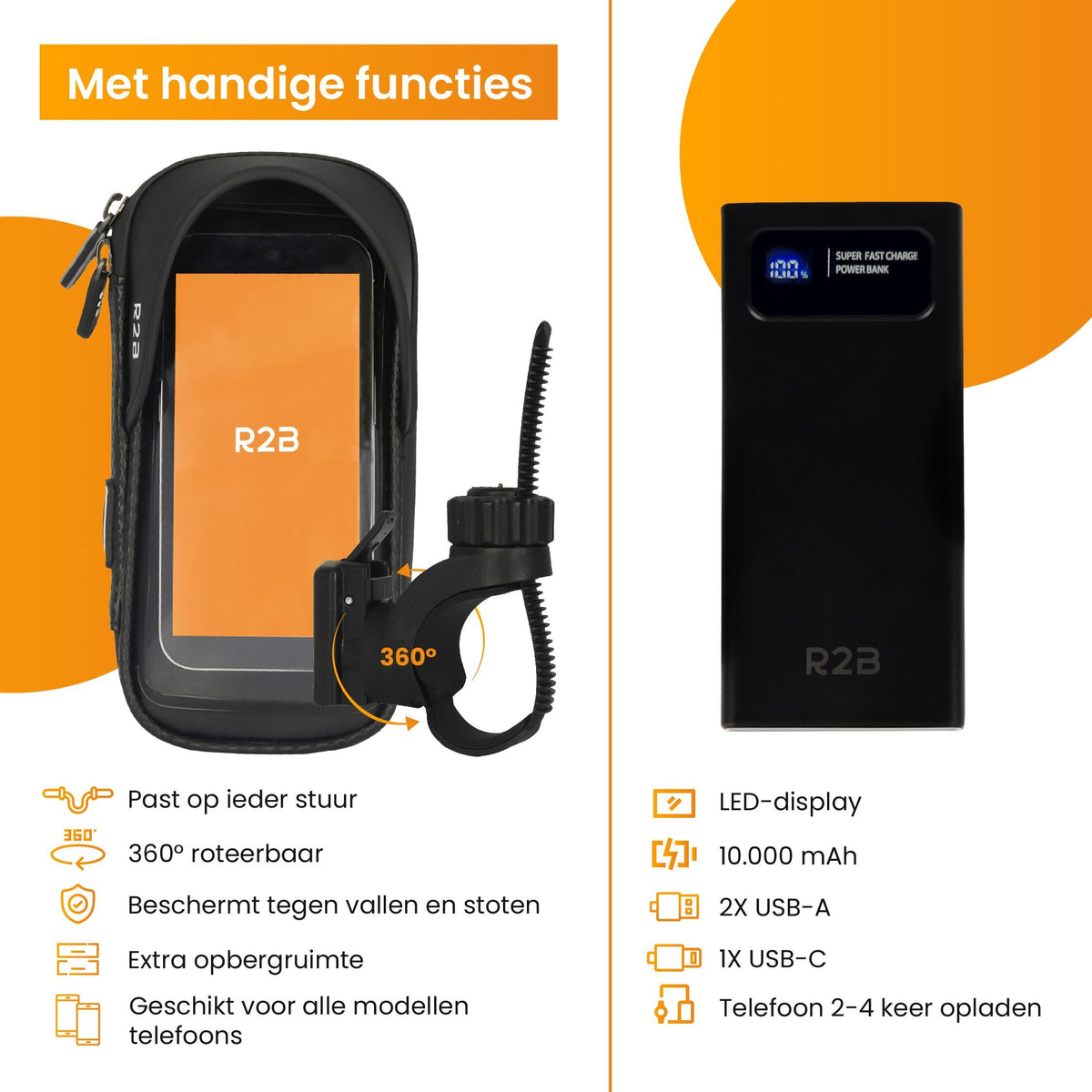 R2B® Robuuste Telefoonhouder Fiets Waterdicht + Powerbank 10.000 mAh - Model Leiden - Novafietsen.nl