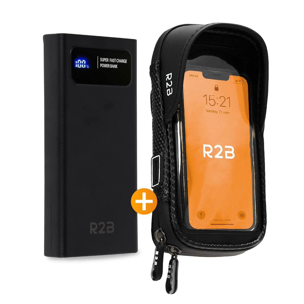 R2B® Robuuste Telefoonhouder Fiets Waterdicht + Powerbank 10.000 mAh - Model Leiden - Novafietsen.nl