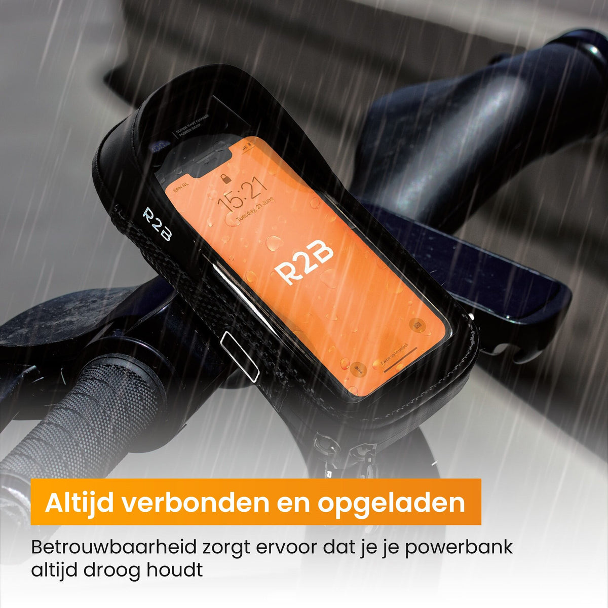 R2B® Robuuste Telefoonhouder Fiets Waterdicht + Powerbank 10.000 mAh - Model Leiden - Novafietsen.nl