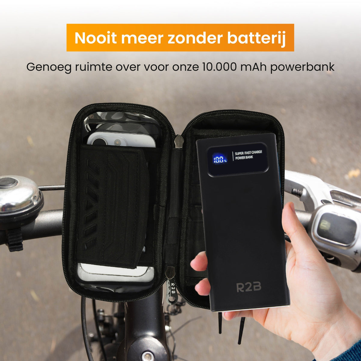 R2B® Robuuste Telefoonhouder Fiets Waterdicht + Powerbank 10.000 mAh - Model Leiden - Novafietsen.nl