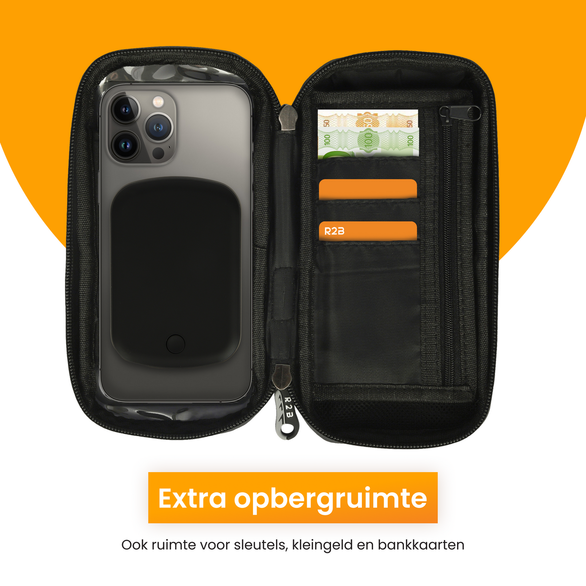 R2B® Robuuste Telefoonhouder Fiets Waterdicht + Powerbank geschikt voor Magsafe - Model Leiden - Novafietsen.nl