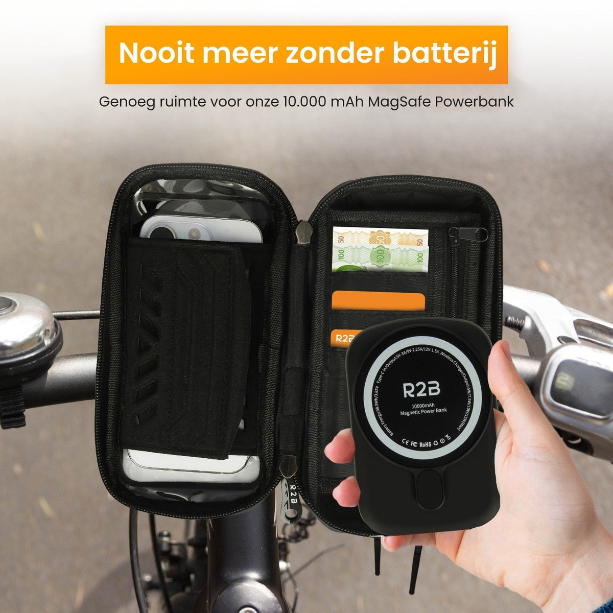 R2B® Robuuste Telefoonhouder Fiets Waterdicht + Powerbank geschikt voor Magsafe - Model Leiden - Novafietsen.nl