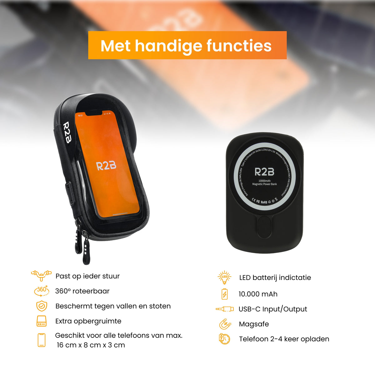 R2B® Telefoonhouder Fiets Waterdicht & Powerbank geschikt voor MagSafe - Model Den Haag - Zwart - Novafietsen.nl