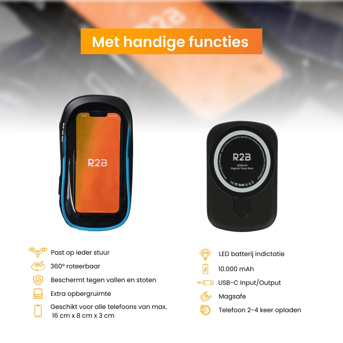 R2B® Telefoonhouder Fiets Waterdicht & Powerbank geschikt voor MagSafe - Model Den Haag - Zwart/Blauw - Novafietsen.nl