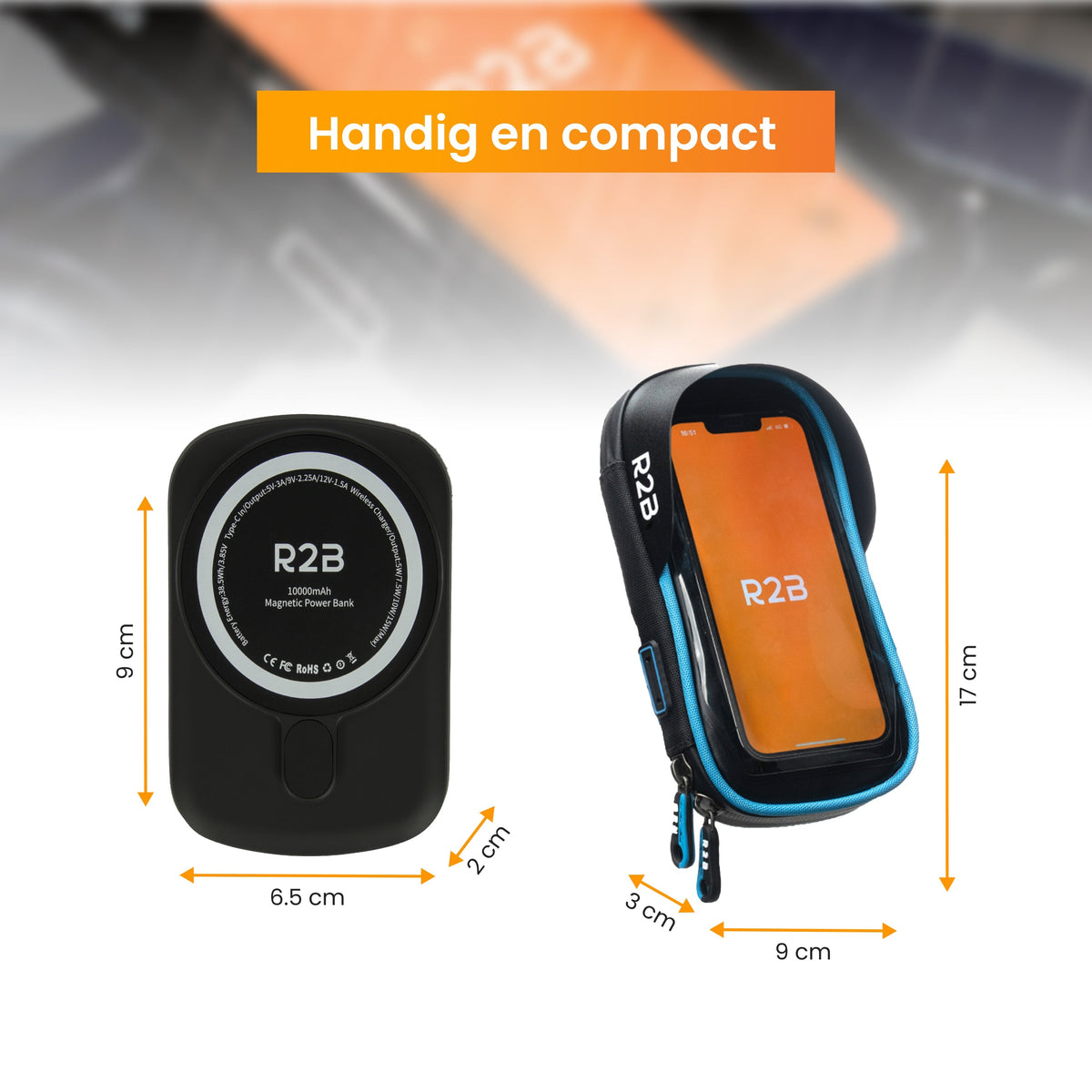 R2B® Telefoonhouder Fiets Waterdicht & Powerbank geschikt voor MagSafe - Model Den Haag - Zwart/Blauw - Novafietsen.nl