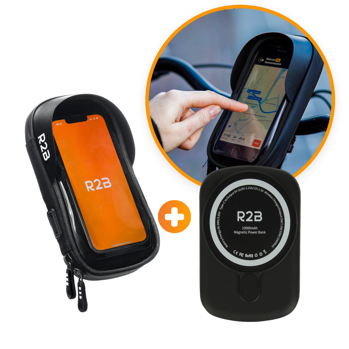 R2B® Telefoonhouder Fiets Waterdicht & Powerbank geschikt voor MagSafe - Model Den Haag - Zwart - Novafietsen.nl