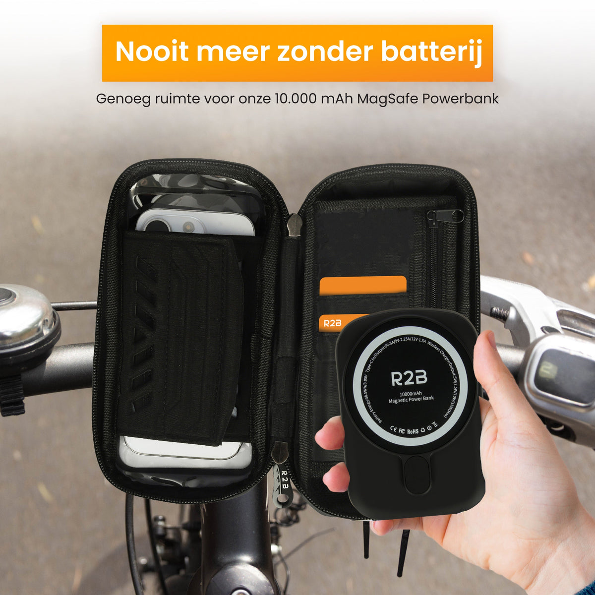 R2B® Telefoonhouder Fiets Waterdicht & Powerbank geschikt voor MagSafe - Model Den Haag - Zwart/Rood - Novafietsen.nl