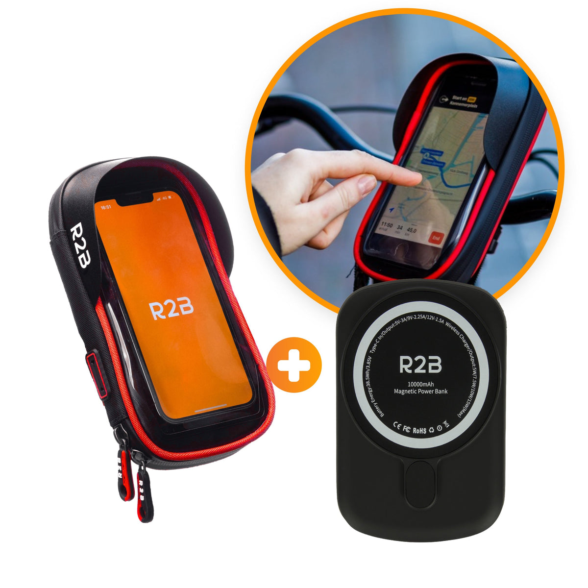 R2B® Telefoonhouder Fiets Waterdicht & Powerbank geschikt voor MagSafe - Model Den Haag - Zwart/Rood - Novafietsen.nl