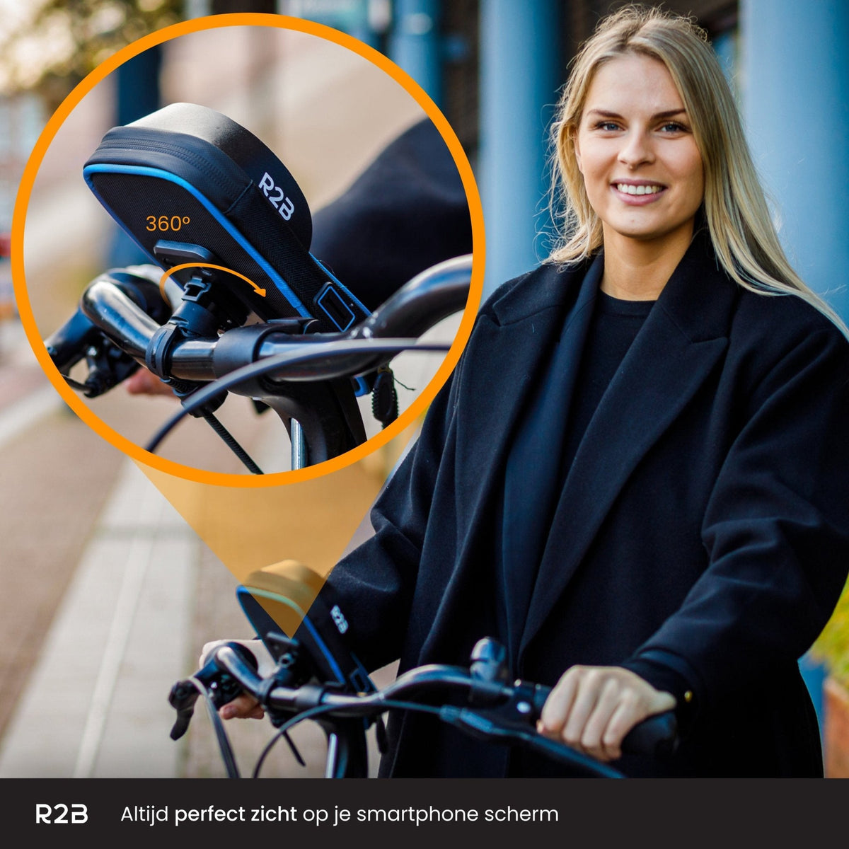 R2B Telefoonhouder fiets, scooter en motor waterdicht - Model Den Haag - Zwart/Blauw - Novafietsen.nl