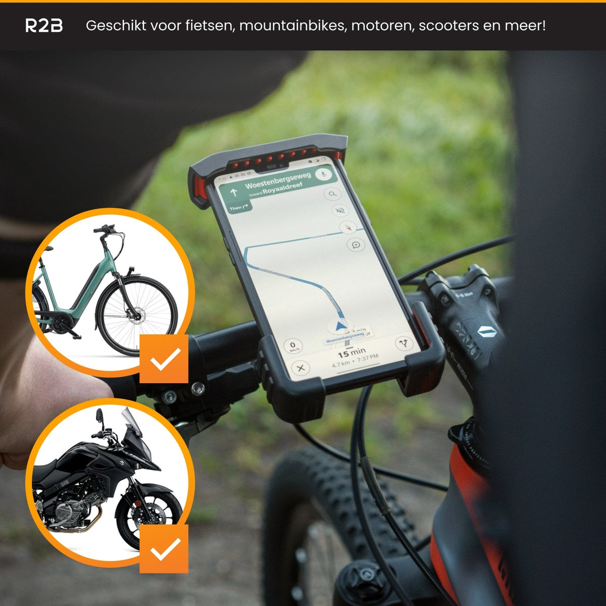 R2B Robuuste telefoonhouder fiets, scooter en motor met safety lock - Novafietsen.nl